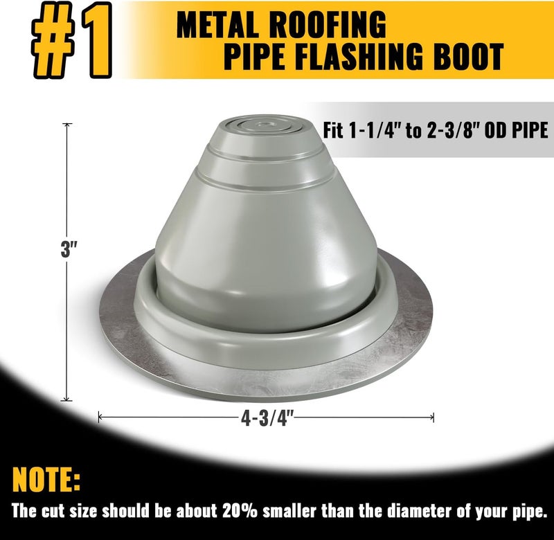 VIVIDA #1 Silicone Metal Roof Pipe Flashing Boot, High Temp Flexible Roof Jack Vent Boot for Pipe OD 1-1/4" to 2-3/8", Screws & Hex Socket Included, 1 Pack, Gray - Image 3